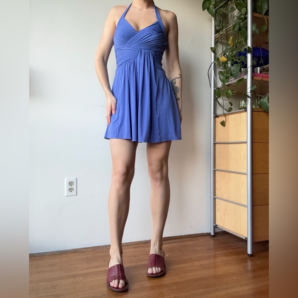 BCBGMaxAzria purple Halter Ruched Mini Dress - size XS